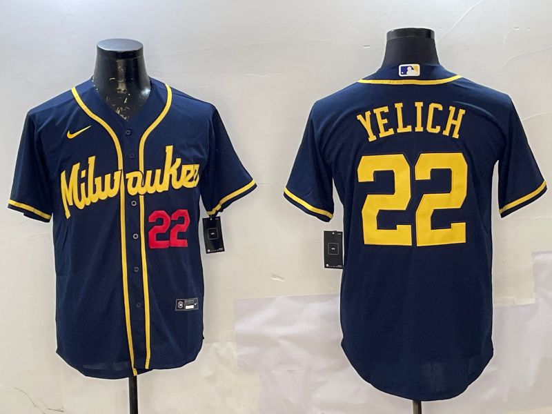 Men Milwaukee Brewers #22 Yelich Drak Blue Game 2025 Nike MLB Jersey style 3